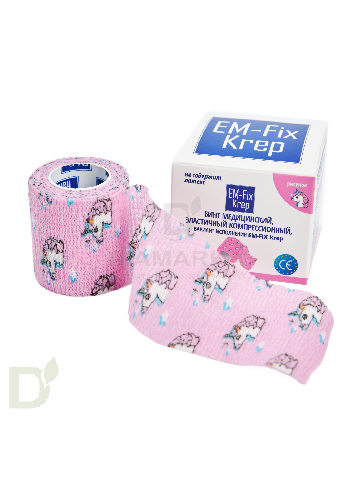Бинт самофиксирующийся EM-Fix krep Розовый с единорогом, 5см*4,5м в Барнауле