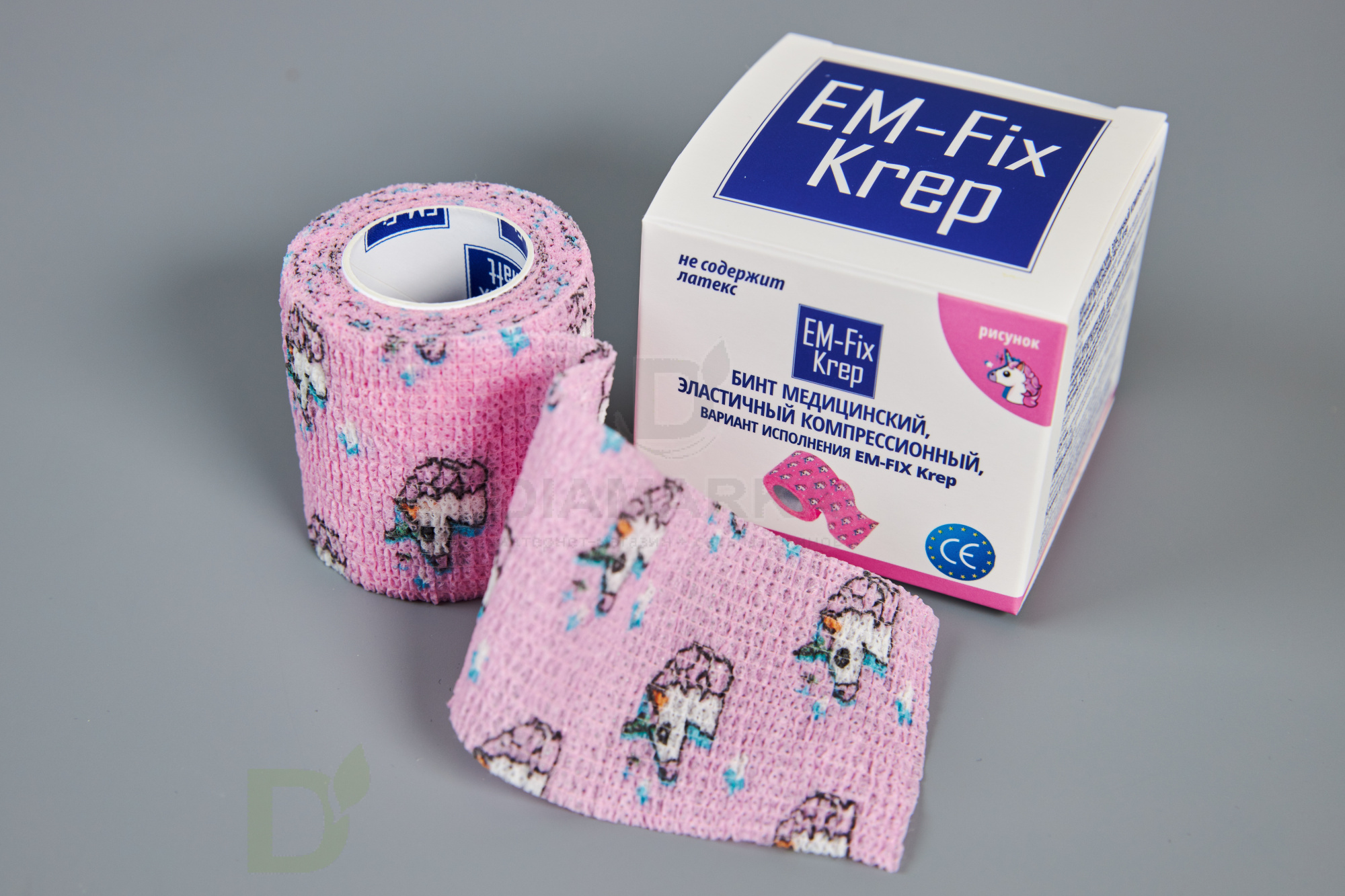 Бинт самофиксирующийся EM-Fix krep Розовый с единорогом, 5см*4,5м в Барнауле
