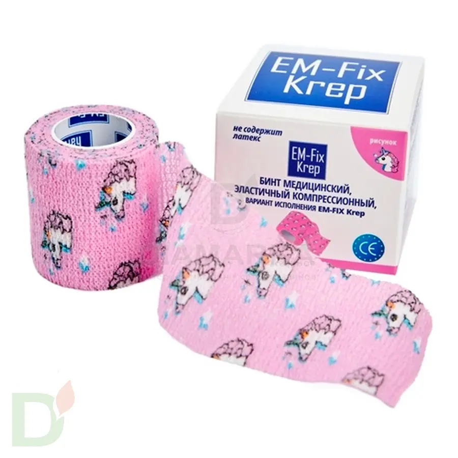 Бинт самофиксирующийся EM-Fix krep Розовый с единорогом, 5см*4,5м в Барнауле